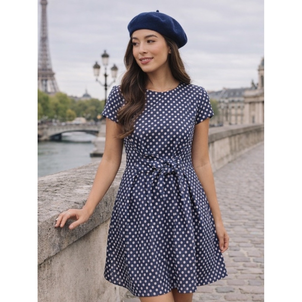 Gal Meets Glam Polka Dot Dress Navy Cream Fit & Flare Bow Size 8 NWT Amy Dress